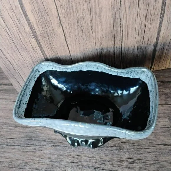McCoy USA Pottery Pedestal Planter, Black with Grey White Foam Glaze Bowl 8.5" - Picture 2 of 11